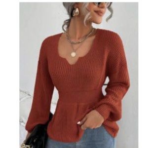 SHEIN Notched Neck Bishop Sleeve Ribbed Knit Sweater